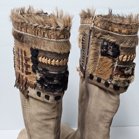 Apepazza Ninfa Boots Womens 9.5 Tan Suede Leather Wedge Boho Tribal Patchwork - Picture 5 of 14